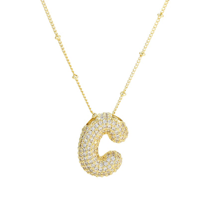 Brass Zircon Bubble Balloon Letter Pendant Necklace