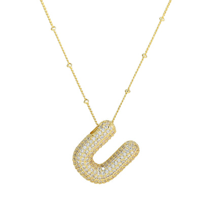 Brass Zircon Bubble Balloon Letter Pendant Necklace