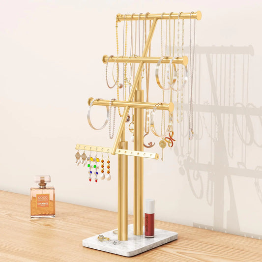 Gold Jewelry Tree Stand Organizer with Marble Base 17" Tall Necklace Display Stand