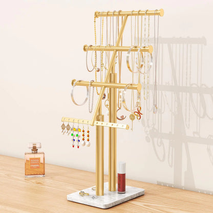 Gold Jewelry Tree Stand Organizer with Marble Base 17" Tall Necklace Display Stand