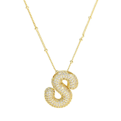 Brass Zircon Bubble Balloon Letter Pendant Necklace